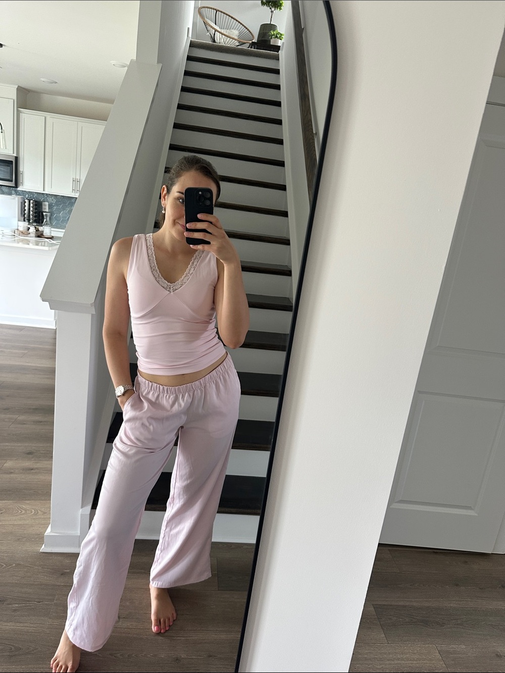 Light Pink Lace-Trim Pajama Tank & Pants Set